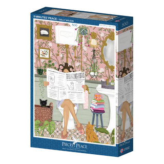 The 5 Minutes Peace 500 Piece Jigsaw Puzzle by Pieces & Peace features The Bright Agency artwork of a woman reading in a vintage French bathroom with her cat, dog, and child—made in France.