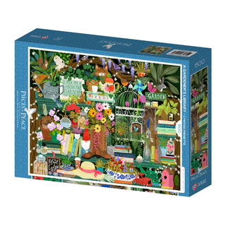 A Gardener’s Library is a 1,500-piece jigsaw puzzle by Pieces & Peace, featuring Cynthia Frenette’s vibrant garden scene with books, plants, flowers, tools, and birdhouses—artfully crafted in France.