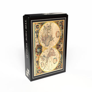 The New World | 99 Piece Jigsaw Puzzle by Penny Puzzle comes in a rectangular black box with an antique-style world map on the front, making it a charming vintage minipuzzle collectible.