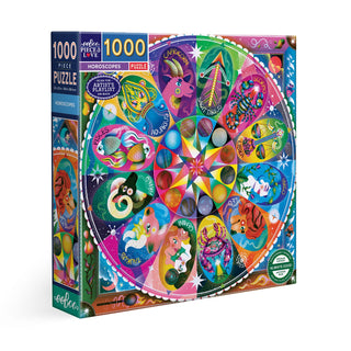 The eeBoo Horoscope | 1,000 Piece Jigsaw Puzzle features Jasmine Floyd’s vibrant mandala artwork of the twelve zodiac signs arranged in a colorful cosmic circle.