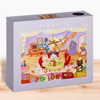 Elewhite’s Meow Moments is a 500 piece jigsaw puzzle featuring pastel cartoon cats dining in a cozy living room—crafted with original art and premium puzzle board for top quality.