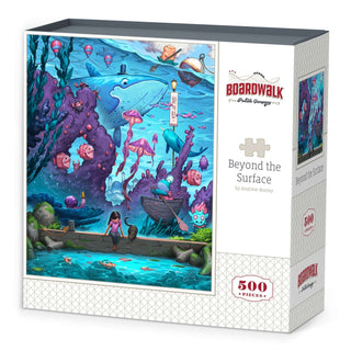 This collectible 500-piece jigsaw puzzle, “Beyond the Surface” from Boardwalk Puzzle Company, features a vibrant underwater fantasy illustration by Andrew Bosley—perfect for any fan of his artwork and a standout addition to the Boardwalk Puzzle Company collection.