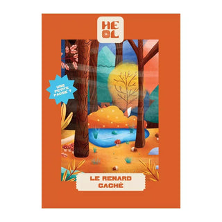 Le Renard Caché | 99 Piece Jigsaw Puzzle by Heol Editions features an illustrated autumn forest with a concealed fox near a pond and French text. Perfect for fox fans and mini puzzle collectors. Orange-bordered poster included.