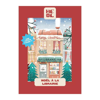 Noël à La Librairie | 99 Piece Jigsaw Puzzle by Heol Editions features a festive bookstore with a Merry Christmas sign, snowy trees, and the phrase NOËL À LA LIBRAIRIE on red—a perfect holiday activity.