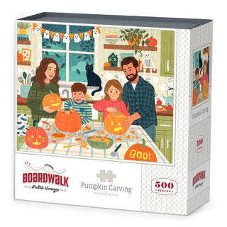 Experience the festive spirit with Pumpkin Carving, a 500 piece jigsaw puzzle from Boardwalk Puzzle Company. This delightful scene features a family of four carving pumpkins in their kitchen, accompanied by a curious black cat on the windowsill and playful Halloween decorations in the background. Crafted from premium puzzle board for durability, this charming puzzle offers an enjoyable and traditional jigsaw experience.