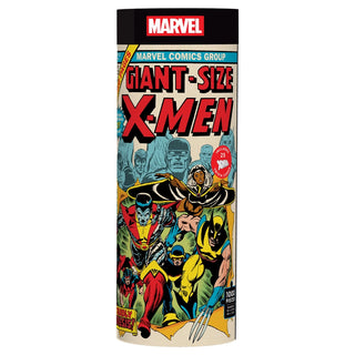 A cylindrical container featuring Marvel X-Men comic book cover art and multiple superheroes, labeled as the Marvel X-Men | 1,000 Piece Jigsaw Puzzle from Chronicle Books—an ideal choice for fans who enjoy assembling jigsaws while celebrating their favorite heroes.