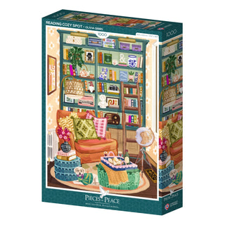 The Cozy Reading Nook | 1,000 Piece Jigsaw Puzzle by Pieces & Peace features a charming illustrated nook with a sofa, bookshelves, and plants. Enjoy this delightful puzzle, made in France.