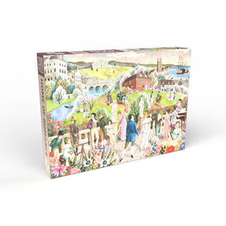 The Home of Romance 2,000 Piece Jigsaw Puzzle by Penny Puzzle features an illustrated Regency-era scene with people, historic buildings, gardens, and a river for a charming and romantic puzzle experience.