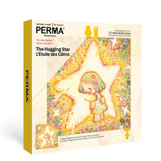 PERMA Puzzle’s "The Hugging Star" 321-piece jigsaw puzzle features an illustrated girl hugging herself on a vibrant background, made with durable blue-core chipboard for lasting quality.