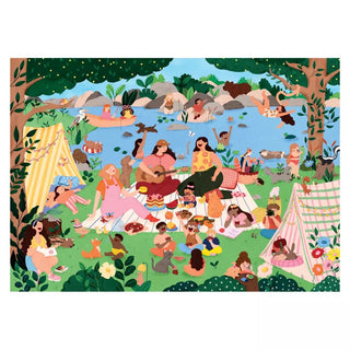 Anaïs Sanchez’s vibrant illustration for Trevell’s Au Grand Air 1,500 Piece Jigsaw Puzzle features people picnicking by a lake, playing music, with children and animals among trees, tents, and mountains.