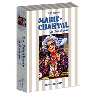 The Grandma Yetta 1,000 Piece Jigsaw Puzzle by Marie-Chantal features an illustrated elderly woman with gray hair, glasses, colorful clothes, smoking a cigarette and holding a drink. Premium velvet finish for a luxurious touch.