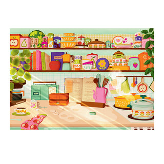 Cuisine Rétro by Heol Editions is a 1,000 piece jigsaw puzzle featuring a vibrant retro kitchen scene with shelves of dishes, food containers, cookbooks, and utensils above a countertop with baking ingredients and cookware.