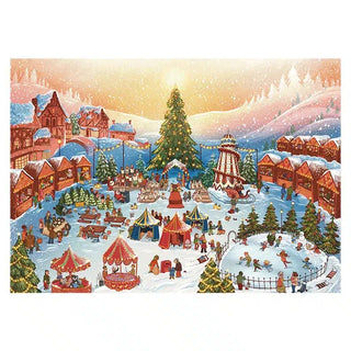 Experience the festive charm of a snowy outdoor market with Trevell's Snowy Market | 1,000 Piece Jigsaw Puzzle—featuring decorated stalls, a grand tree, skaters, and playful children for a cozy holiday night.