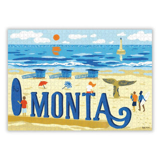 Beach scene illustration with people, surfboards, huts, and MONTA spelled in blue letters on the sand—an image from Aparté’s Montalivet-Les-Bains | 1,000 Piece Jigsaw Puzzle.