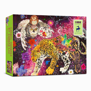 Antelope Puzzle’s Cosmic Animals is a 1,000 piece jigsaw puzzle showcasing vibrant artwork of a leopard, owl, and colorful birds on a starry cosmic backdrop—ideal for puzzle fans seeking an engaging challenge.