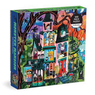 The Mudpuppy Monster Mansion | 500 Piece Jigsaw Puzzle features a colorful illustrated haunted house filled with various monsters and Halloween-themed elements, making it a fun family puzzle for all ages.