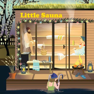 Three people enjoy a cozy scene in the “Little Sauna | 150 Piece Jigsaw Puzzle” by ViSSEVASSE: a man and a woman sit together inside the warmly lit, greenery-adorned sauna, while another person in a swimsuit climbs down a ladder into the water outside. This charming image captures an atmosphere of relaxation—perfect for your next 150-piece puzzle challenge.