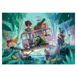 Musicians play instruments around and atop a bus in a forest by a pond—an enchanting scene from Trevell’s "Into the Wild Notes" 1,000-piece jigsaw puzzle.