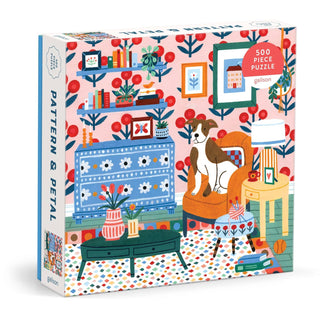 Pattern & Petal | 500 Piece Jigsaw Puzzle by Galison features a dog in a chair in a stylish living room—ideal for interior design and puzzle lovers.