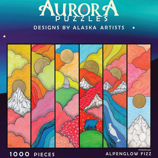 Aurora Puzzles' Alpenglow Fizz is a vibrant 1,000-piece jigsaw puzzle featuring Alaska’s mountains, sun, clouds, river, bear, and whale in a geometric landscape style by artist Charley Morgan.