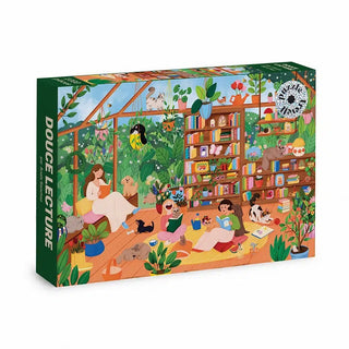 Enjoy hours of engaging fun with the Douce Lecture | 1,000 Piece Jigsaw Puzzle by Trevell. This beautifully illustrated puzzle depicts a delightful scene of people and animals reading and relaxing in a greenhouse filled with lush plants and books. Perfect for book lovers and puzzle enthusiasts alike, this charming library-themed puzzle is sure to captivate you from start to finish.