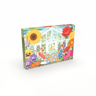 The Penny Puzzle Garden of Friendship 1,000 Piece Jigsaw Puzzle features a vibrant illustrated greenhouse with a girl, flowers, plants, and animals—perfect for nature lovers seeking a colorful challenge.