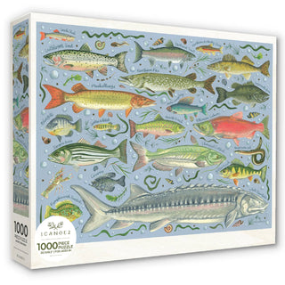 The Freshwater Fish | 1,000 Piece Jigsaw Puzzle by 1canoe2 features illustrated North American fish and aquatic plants on a blue background, with each fish labeled—an educational puzzle ideal for enthusiasts.