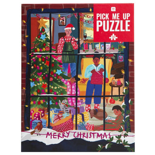 Illustration of a family celebrating Christmas in a cozy home, viewed through a window; "Christmas Window" 1,000 Piece Jigsaw Puzzle by Talking Tables—an ideal festive gift.