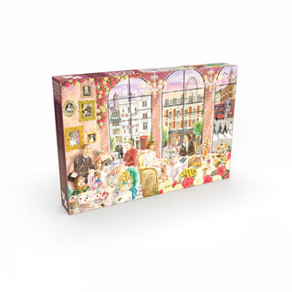 Enjoy assembling the Penny Puzzle "Home of High Tea," a 2,000-piece jigsaw puzzle featuring a lively afternoon tea scene in a floral cafe with large windows and views of the London skyline.