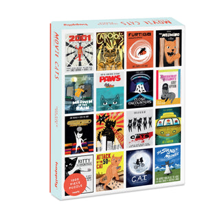 The Movie Cats | 1,000 Piece Jigsaw Puzzle by Happily Jigsaw Puzzles features a grid of cat-themed parody movie posters illustrated by Nia Gould, with playful titles like Paws, Meowmix, and The Sound of Mewsic.