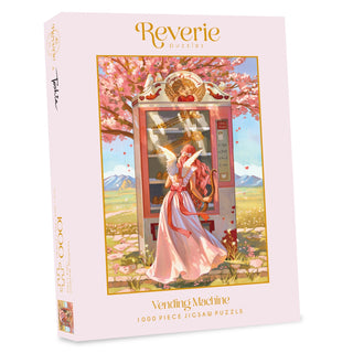 Reverie Puzzles’ “Vending Machine” is a 1,000 piece jigsaw puzzle featuring an illustration of a woman in a pink dress at an arrow vending machine beneath blooming trees.