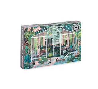 The Jungle Café | 1,000 Piece Jigsaw Puzzle from Trevell showcases an illustrated greenhouse café nestled amidst lush jungle foliage, featuring people and animals both inside and out. This captivating puzzle brings the vibrant Jungle Café scene to life, offering a delightful challenge for puzzle enthusiasts.