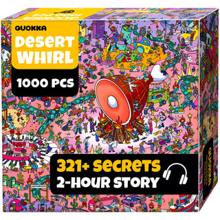 The QUOKKA Desert Whirl | 1,000 Piece Jigsaw Puzzle offers adults a vibrant, chaotic desert scene with a giant megaphone, 321+ secrets to uncover, and a 2-hour immersive story—all packed in one mysterious box.