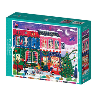 The Merry Christmas 2,000 Piece Jigsaw Puzzle by Pieces & Peace features a festive winter street scene with decorated shops, people, cars, and snow, beautifully crafted in France and illustrated by Heln Illustration.