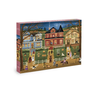 The Happy Hollow 1,000 Piece Jigsaw Puzzle by Olleo Puzzles features an illustrated Halloween scene with costumed children trick-or-treating along a decorated country road at night.