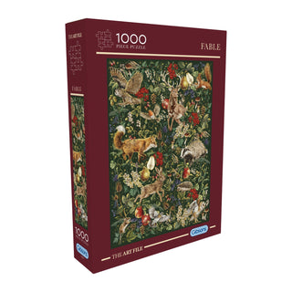 The Art File: Fable is a 1,000-piece jigsaw puzzle by Gibsons Games, featuring woodland animals and fruits on a dark background, made from recycled cardboard.