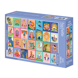 The Hachette Puzzle "Wonderful India" 1,000-piece jigsaw features a vibrant grid of Hindu deity illustrations on the box front, inspired by The Little Book of Hinduism and the colorful style of Elena López.