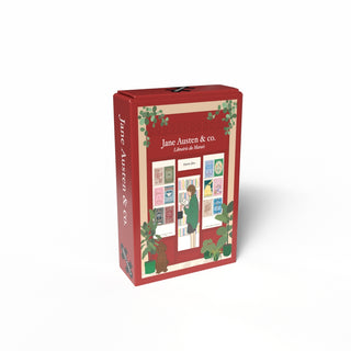 The Jane Austen & Co 99 Piece Jigsaw Puzzle by Penny Puzzle features a red box with an illustrated woman at a bookstore window, plants surrounding her, capturing a vintage Parisian vibe in mini puzzle form.