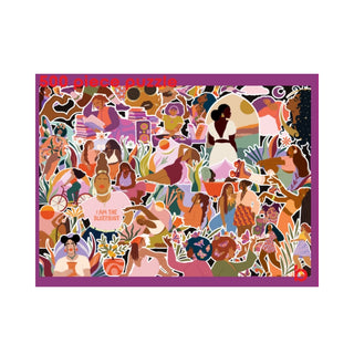 Celebrate self-expression and women empowerment with the Be Rooted “Pieces of Me | 500 Piece Jigsaw Puzzle”—an illustrated puzzle box showcasing diverse women in various poses, surrounded by plants, books, and decorative elements, all bordered by a vibrant purple frame.