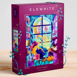 The Vine of Dreams | 1,000 Piece Jigsaw Puzzle by Elewhite features original art of a cozy room with a window, bookshelves, plants, and a pumpkin, printed on premium puzzle board.