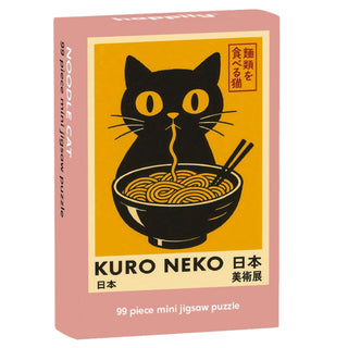 Happily Jigsaw Puzzles’ Noodle Cat | 99 Piece Mini Jigsaw Puzzle box shows a black, yellow-eyed cat eating noodles, titled Kuro Neko with Japanese text on the artwork.