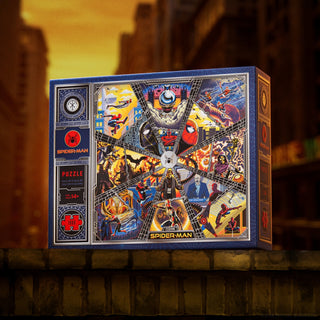 Discover the Spider-Man | 1,000 Piece Jigsaw Puzzle by theory11—featuring vibrant comic book art panels and iconic Spider-Man characters. Presented on a brick ledge with a striking cityscape backdrop, this puzzle offers an exciting challenge for fans of the Spider-Man trilogy and celebrates your favorite web-slinger in style.