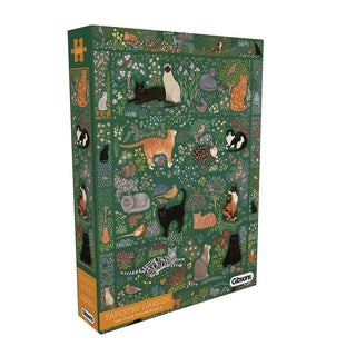 The Tapestry Garden | 1,000 Piece Jigsaw Puzzle by Gibsons Games features an illustrated garden scene with cats, birds, and plants on a green background—perfect for animal lovers and puzzlers alike.