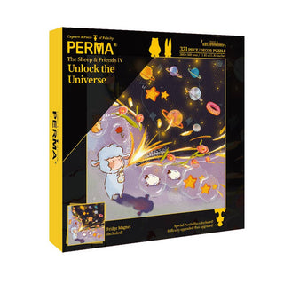 PERMA Puzzle’s "Unlock the Universe | 321 Piece Jigsaw Puzzle" features cartoon sheep and friends in space, with planets and stars. Made from durable Dutch blue-core chipboard. Includes a bonus fridge magnet.
