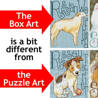 The box art for PuzzleTwist’s Alpha Dog | 1000 Piece Jigsaw Puzzle uses a unique dog illustration and font, differing from the completed alphabet puzzle shown, as indicated by red arrows and text. Art by Krista Hamrick.