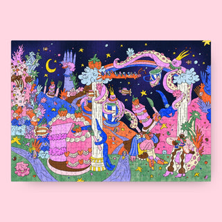 Das Puzzle Kollektiv’s "Tea Time in the Sea" is a 1,000-piece, climate-neutral jigsaw puzzle with whimsical fantasy characters and plants under a starry sky on pink—perfect for eco-conscious fun.