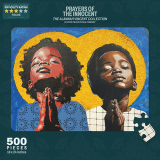 The Dope Pieces "Prayers of the Innocent" 500 piece puzzle features Alannah Vincent's art of two children praying, eyes closed, with a yellow halo backdrop. Finished size: 18 x 24 inches.