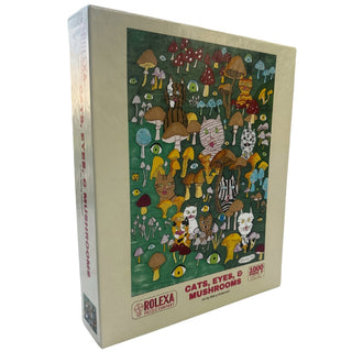 Cats, Eyes & Mushrooms | 1,000 Piece Jigsaw Puzzle by Rolexa Puzzle Company features a vibrant illustration of cats among mushrooms—ideal for fans of psychedelic art puzzles.