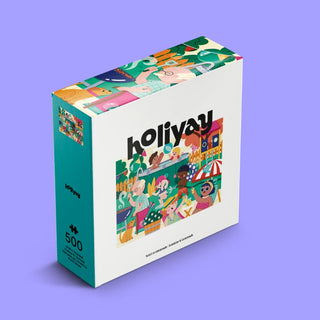 The Soleil Et Limonade 500 piece jigsaw puzzle by Holiyay Puzzles features diverse people celebrating outdoors on a light purple background, with a premium matte finish for an enjoyable Valérie Trudel illustrated experience.