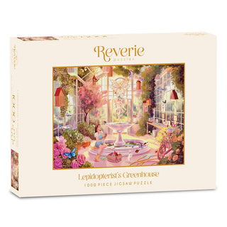 Lepidopterist's Greenhouse by Reverie Puzzles is a 1,000-piece jigsaw puzzle featuring a vivid greenhouse with butterflies, plants, and a woman, inspired by preserved butterfly art and illustrated by Ailee Marie Art.